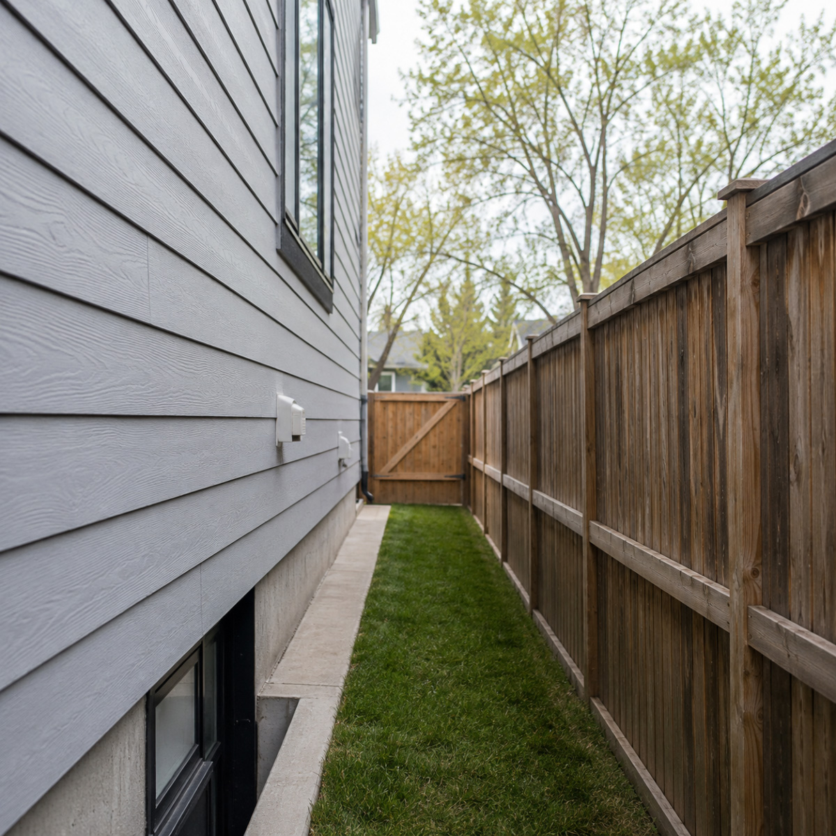 small grass yard between house and fence